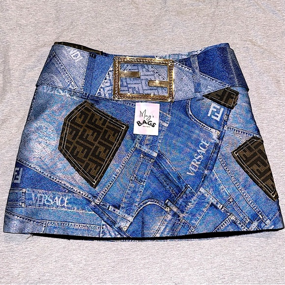 Versace x Fendi: Skirt with Belt Denim Patchwork by Fendace *RARE* (on Runway) - Picture 2 of 16